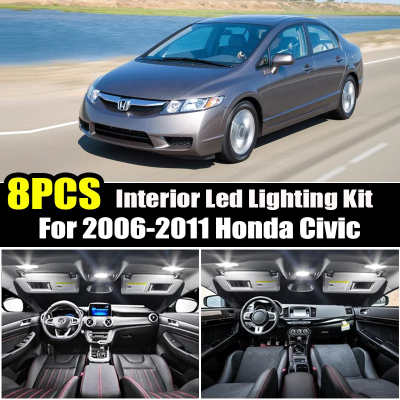 For Honda Civic 2006-2008 2009 2010 2011 8pcs 12V Car Interior Light Auto W5W Led Map Trunk License Plate Dome Lamp Bulbs Kit