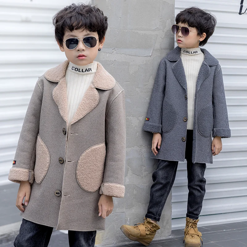 Children Casual Woolen Coat Fall Winter Boys Handsome Plush Velvet Heavy Outerwear Clothes Kids Splicing Pocket Trench Coat X498