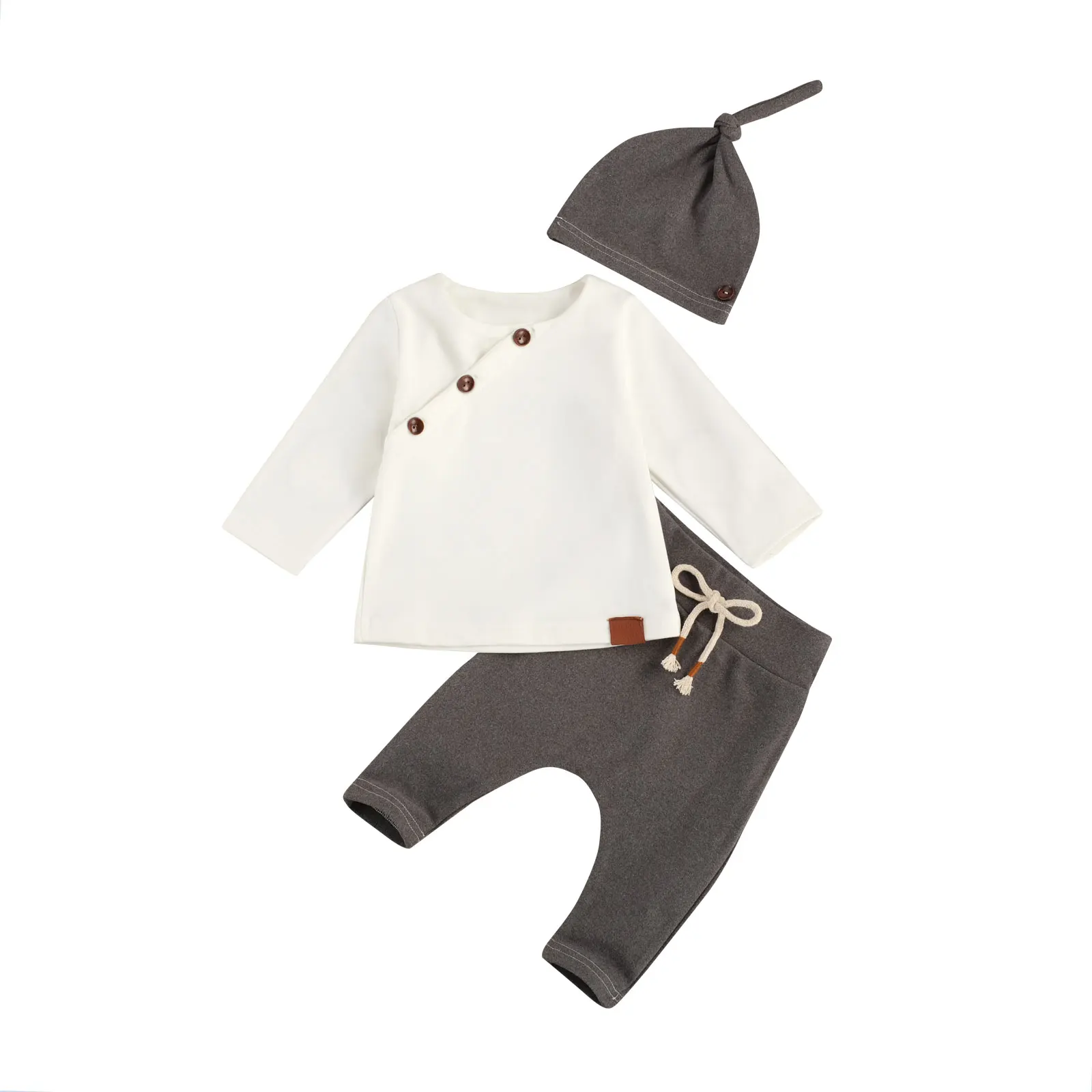 Newborn Baby Clothes Set Buttons Round Neck Long Sleeve Blouse Top+ Pants+Hat 3pcs Casual Autumn Clothing