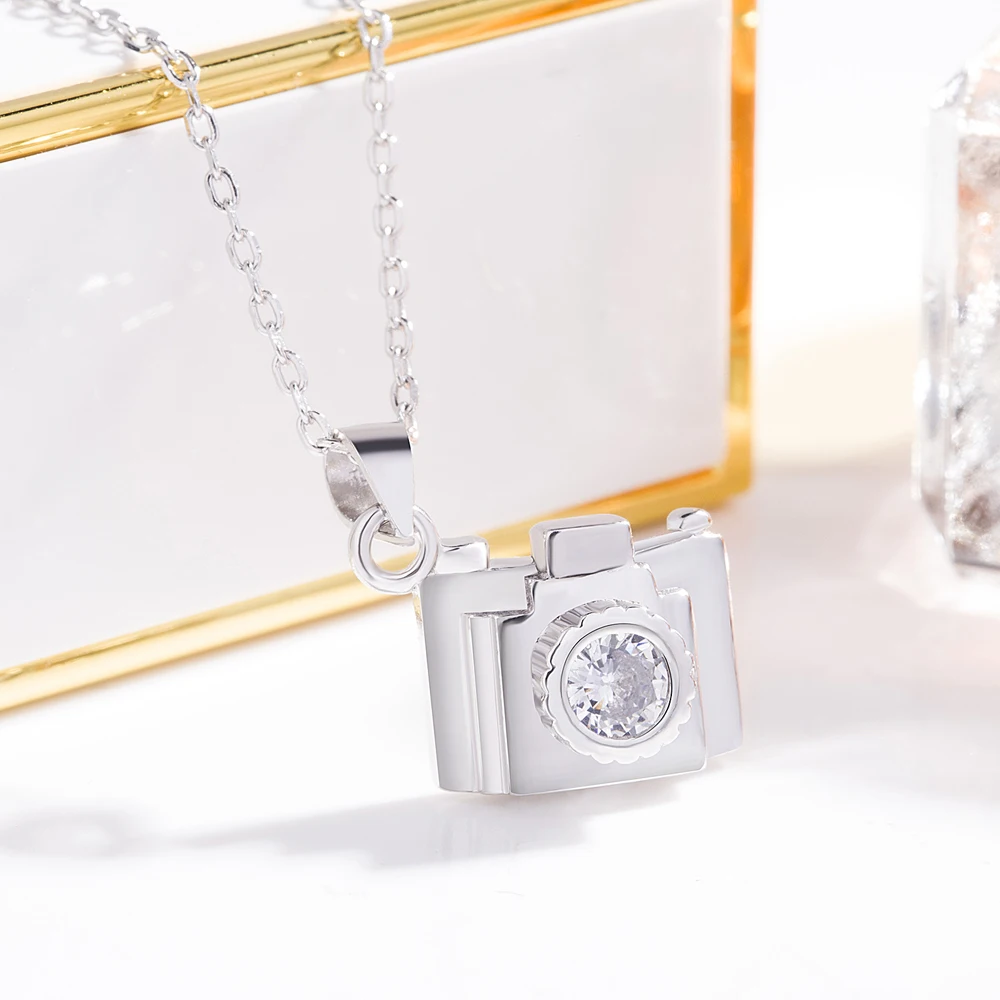 925 Sterling Silver Zircon Camera Shaped Pendant Necklace for Girls Elegant Aesthetic Fashion Clavicle Chain Jewelry Gift