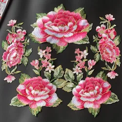 1Pcs Chinese Styel Large Pink Peony Flower Gold Embroidery Patches Applique Sewing On For Dress Clothes Robe Decor Accessory Diy