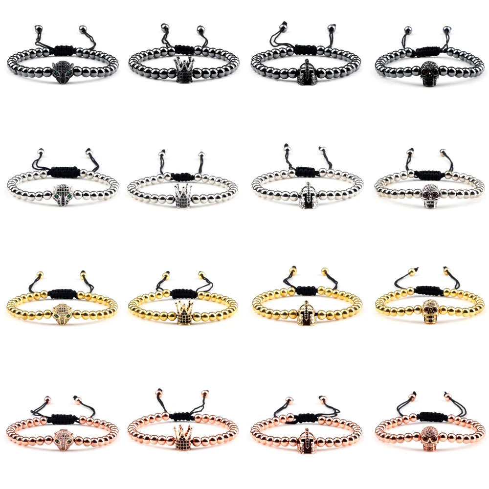 Bracelets de perles de cuivre pour hommes et femmes, couronne, crâne, tête de léopard, pavé, CZ, bracelets de prière Reiki, bijoux de guérison réglables, mode