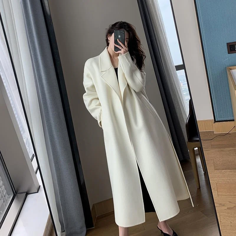 White Woolen Coat Women Autumn And Winter High-End Fashion Temperament Long Thick Blended Wool Windbreaker Female Jacket Belt 99