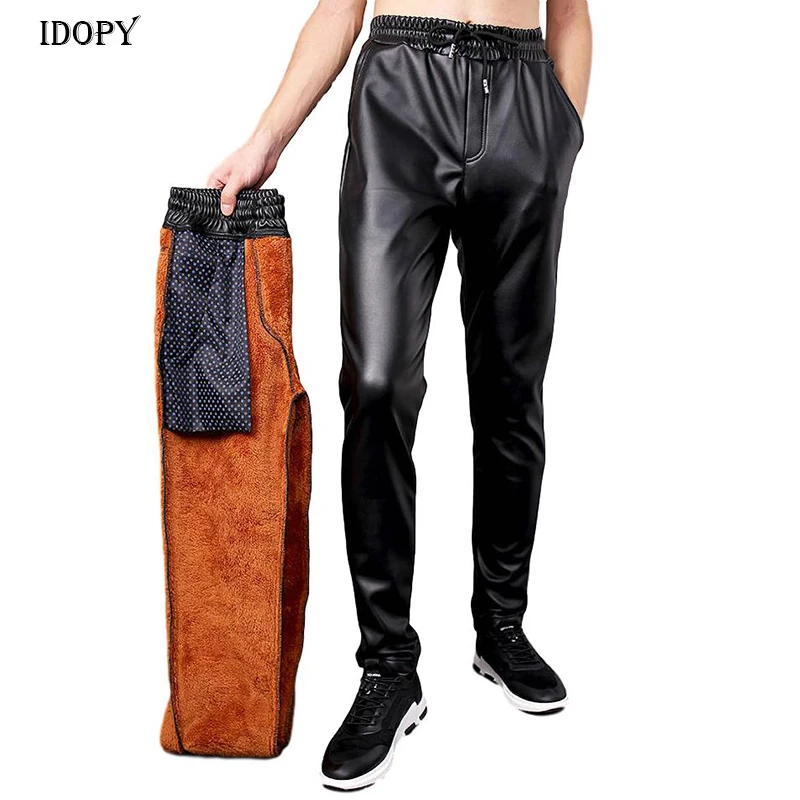 

Idopy Men`s Winter Warm Faux Leather Joggers Harem Pants Fleece Lined Elastic Waist Drawstring PU Joggings Trousers For Male