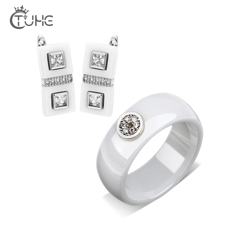 Round 8mm Ceramic Ring With Rectangle Stud Earrings For Women Elegant Top Quality Fashion Smooth  Jewlery Set Wedding Party Gift