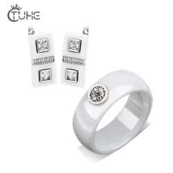 Round 8mm Ceramic Ring With Rectangle Stud Earrings For Women Elegant Top Quality Fashion Smooth  Jewlery Set Wedding Party Gift