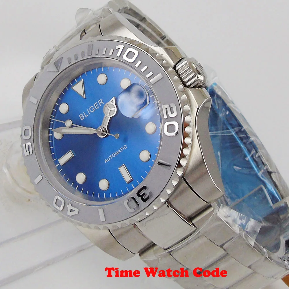 40mm Bliger  NH35A Miyota8215 Automatic Men's Wristwatch Blue Dial Sapphire Date Display luminous marks rotating bezel