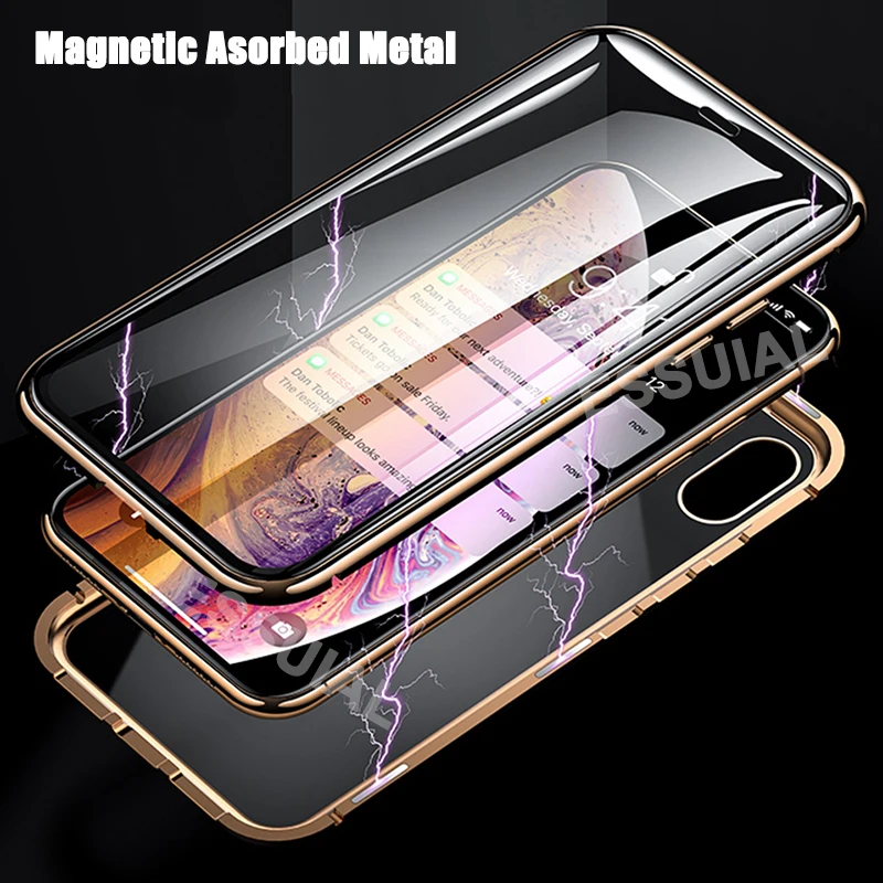 360 Magnetic Adsorption Metal Case For iPhone 11 12 13 14 Pro  Double-Sided Glass Case For iPhone 8 7 6s Plus SE Magnet Cover