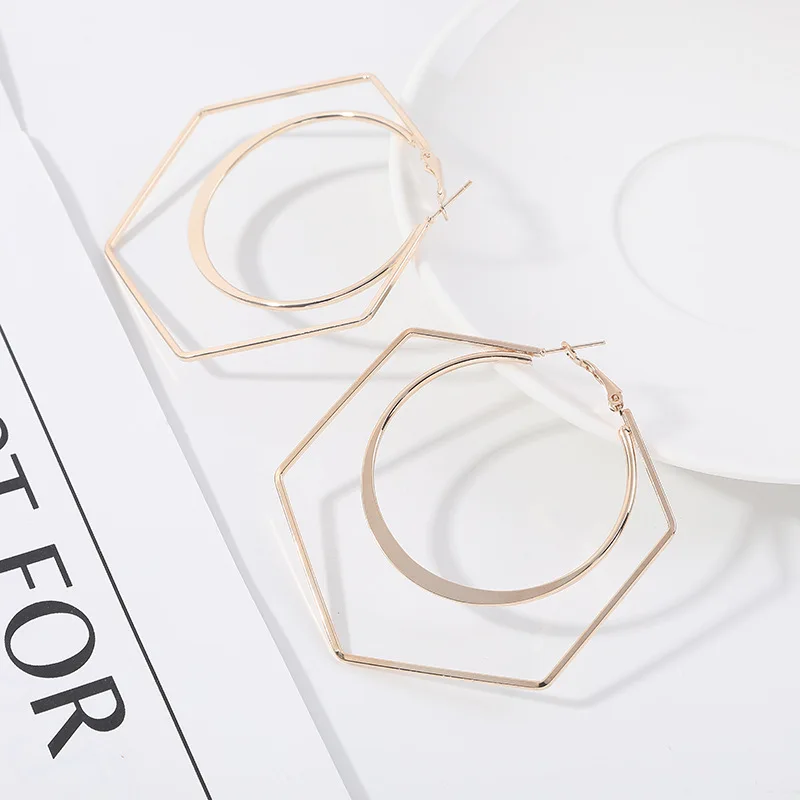 Big Hexagon Hoop Earrings for Women Exaggerated Hollow Geometric Statement Earrings Gold Color Metal Hoop Earrings pendientes