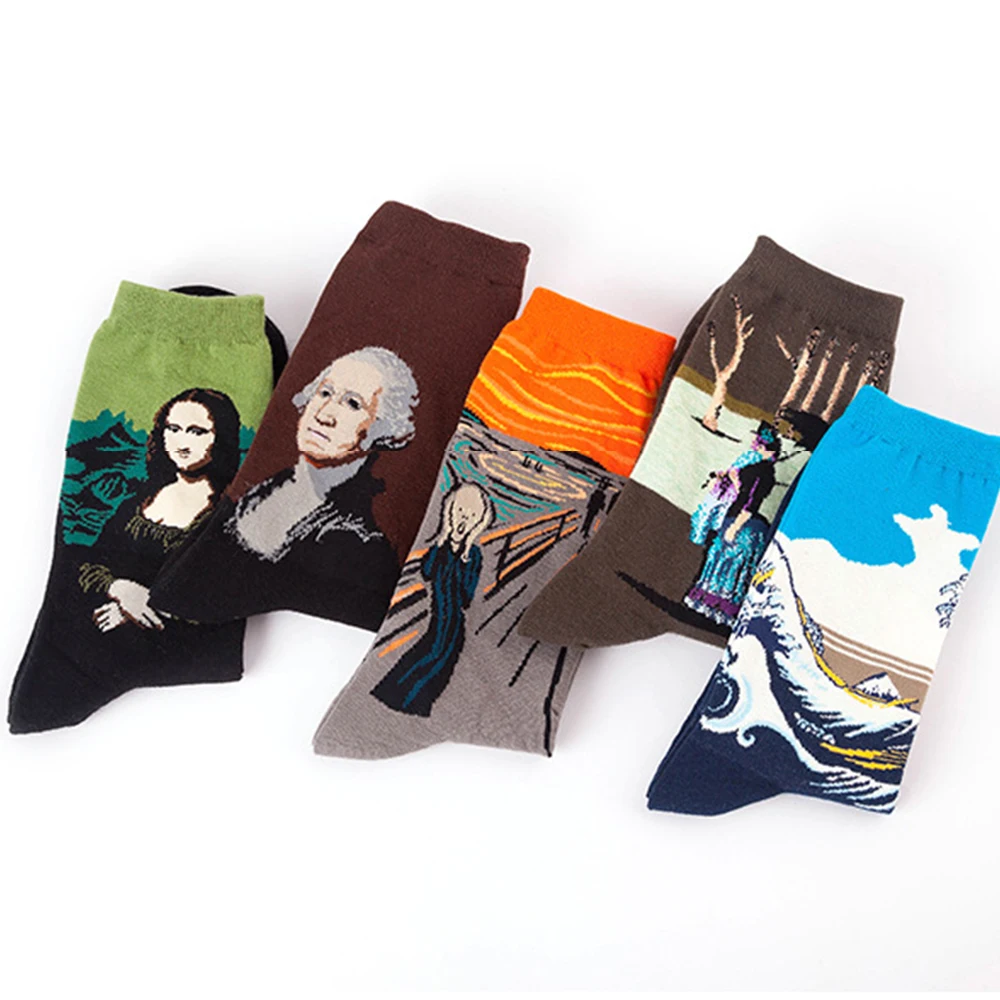 1 Pair Men Socks Combed Cotton Cool Pattern Famous Oil Painting Colorful Art Socks For Casual Party Dress