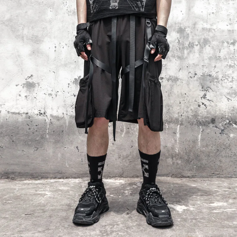 Hip-hop large pockets function ribbon paratroopers pants street five minutes of pants pure color shorts