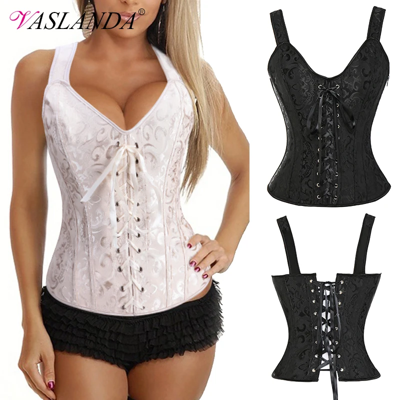 Bustiers & Corsets Renaissance Steampunk Bustier Top Overbust Waist Trainer Corset Vest Satin Gothic Corselet Lace Up Cropped