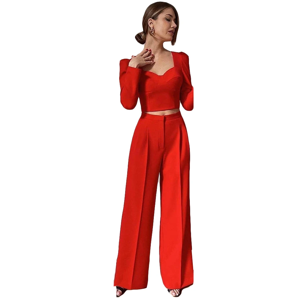 Formal vermelho feminino férias smoking solto cintura alta mãe da noiva calças ternos formatura noite convidado casamento wear 2 peças