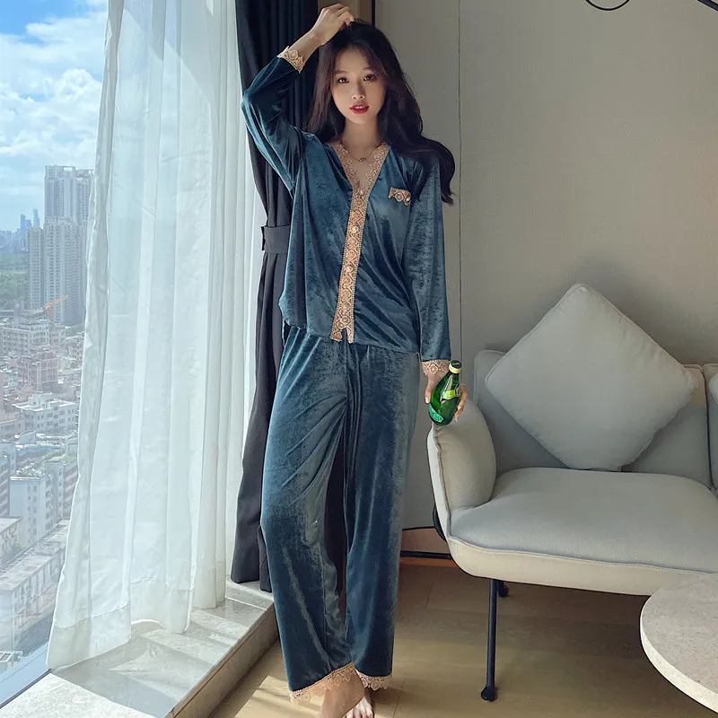 Casual Velour Pajamas Set Women Lounge Wear Lace Patchwork Lingerie Pyjamas Autumn New 2 Pieces Shirt&Pants Soft Home Clothes