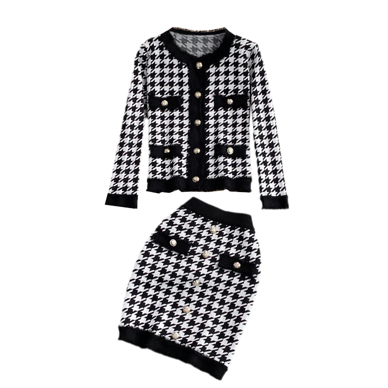 Women  2 pièces Autumn Winter Plaid Houndstooth Knitted Set Long Sleeve Cardigan+Elastic High Waist Skirt Two Pieces Set Spring