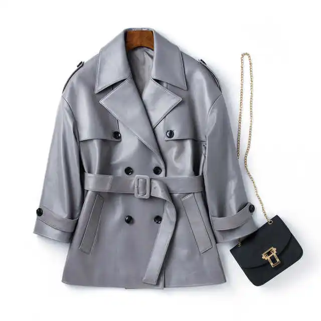 

Genuine Leather Jacket Women Bouble Breasted 100% Real Sheepskin Sheep Runway Designer Luxury Trench Jacket Outerwear Coat