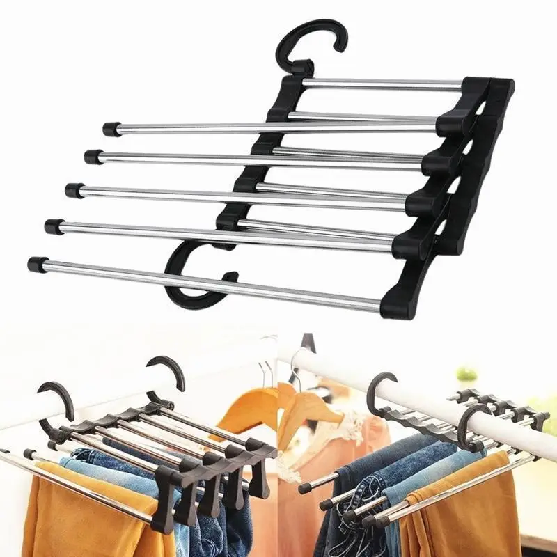 Multifunções Stainless Steel Pant Rack, Organizador De Roupas, Cabide De Calças, Prateleiras Do Armário, Armazenamento Mágico, 5 em 1