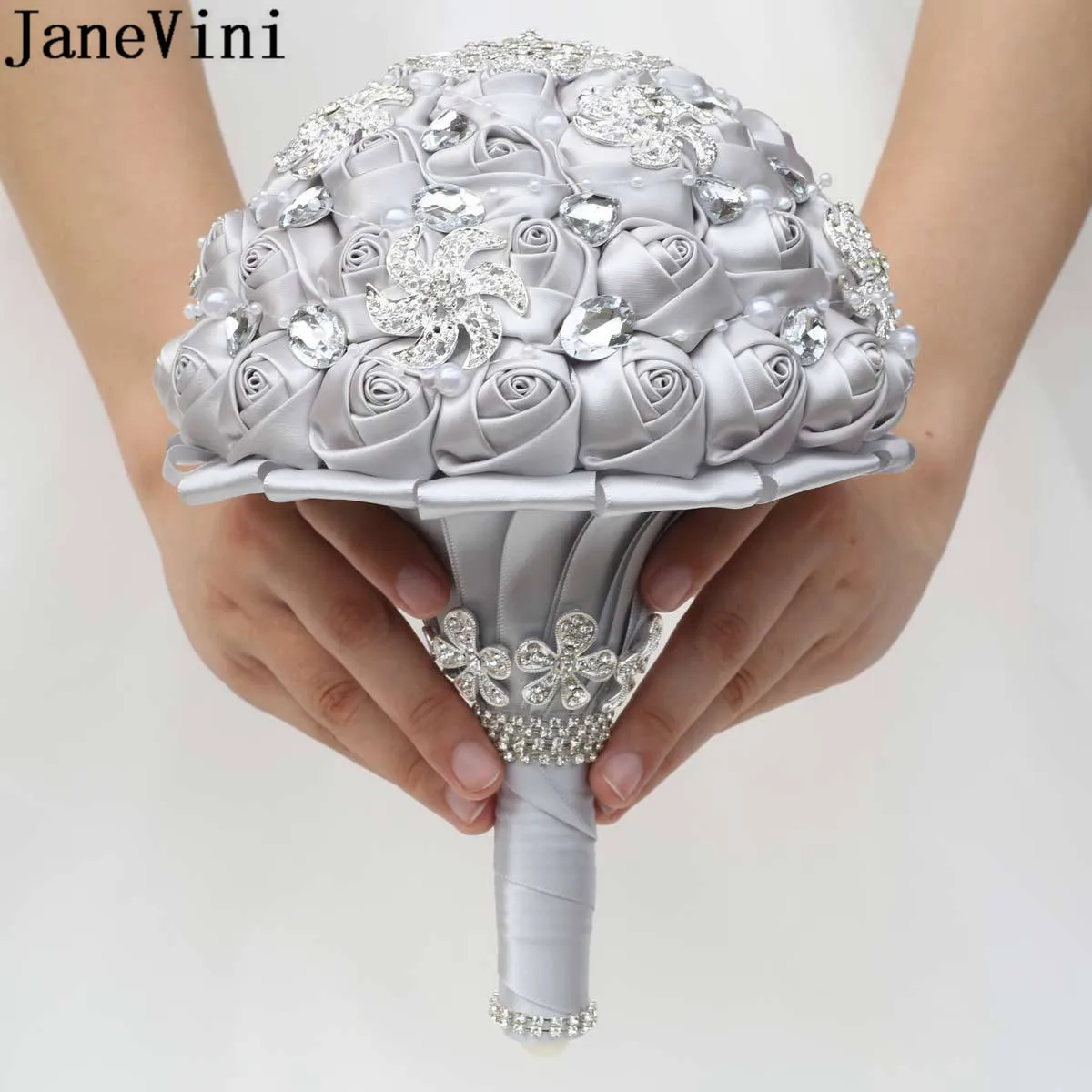 JaneVini – Bouquet de mariage en cristal argenté, bijoux à main de mariée, strass diamant Satin Rose, broche de mariée, accessoires de fleurs