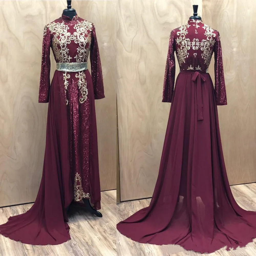 Luxury Burgundy Arabic  Gold Sequined Appliqued A-line Evening Dresses Vintage High Neck Long Sleeves Caftan Prom Dress