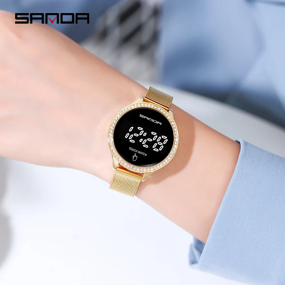 SANDA New  Fashion Women LED Light Touch Screen Digital Watches Waterproof Wristwatches Female Clock Relogio Feminino 8006