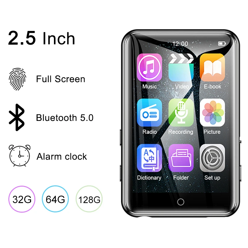 2.5 inch MP3 Player Bluetooth 5.0 Touch Screen Built-in Speaker with E-book Radio Voice Record Video Playback Music Alarm Clock