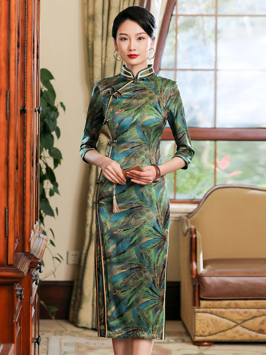 

Chinese Dress Silk Cyan Green Qipao Evening Dresses Medium Long Sleeve Printed Long Cheongsam Dress Traditional Retro Cheongsams