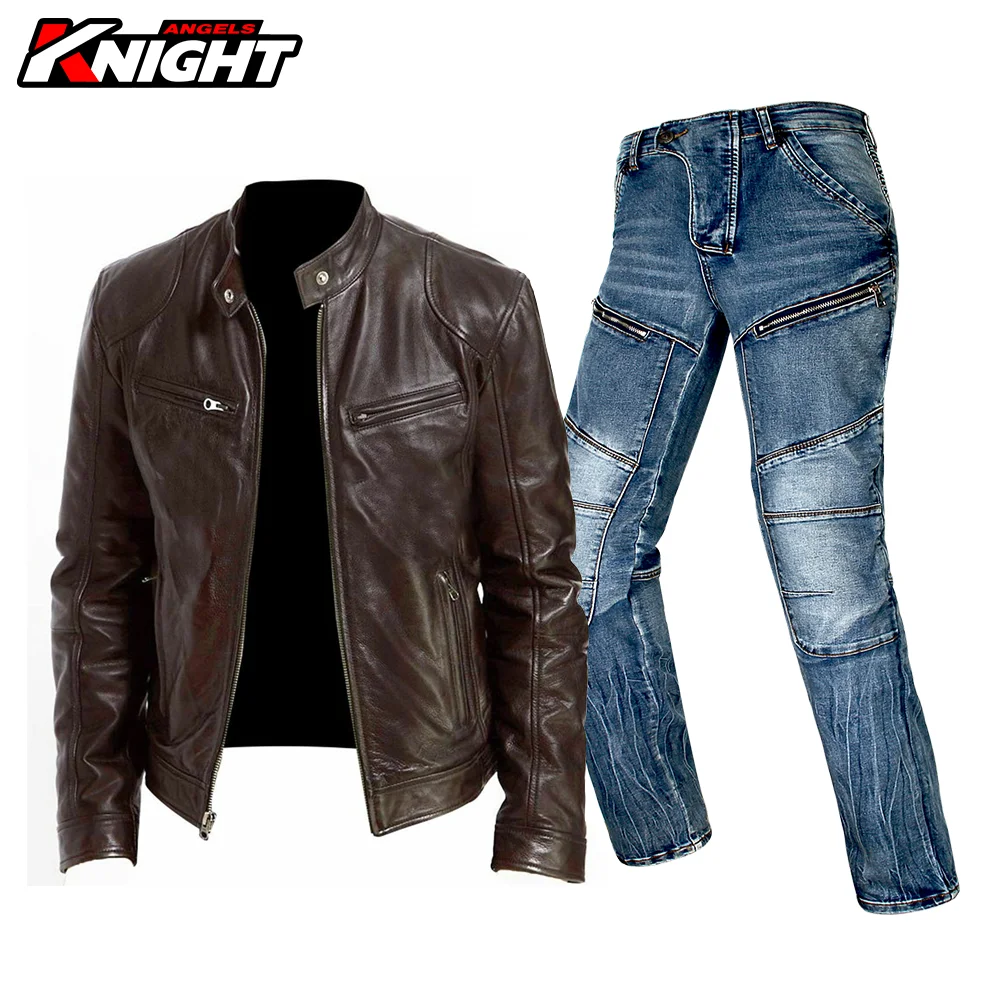 Motorcycle Leather Jacket Men Summer Autumn Motocross PU Leather Jacket Pants Suit Retro Biker Motorbike Waterproof Moto Jacket