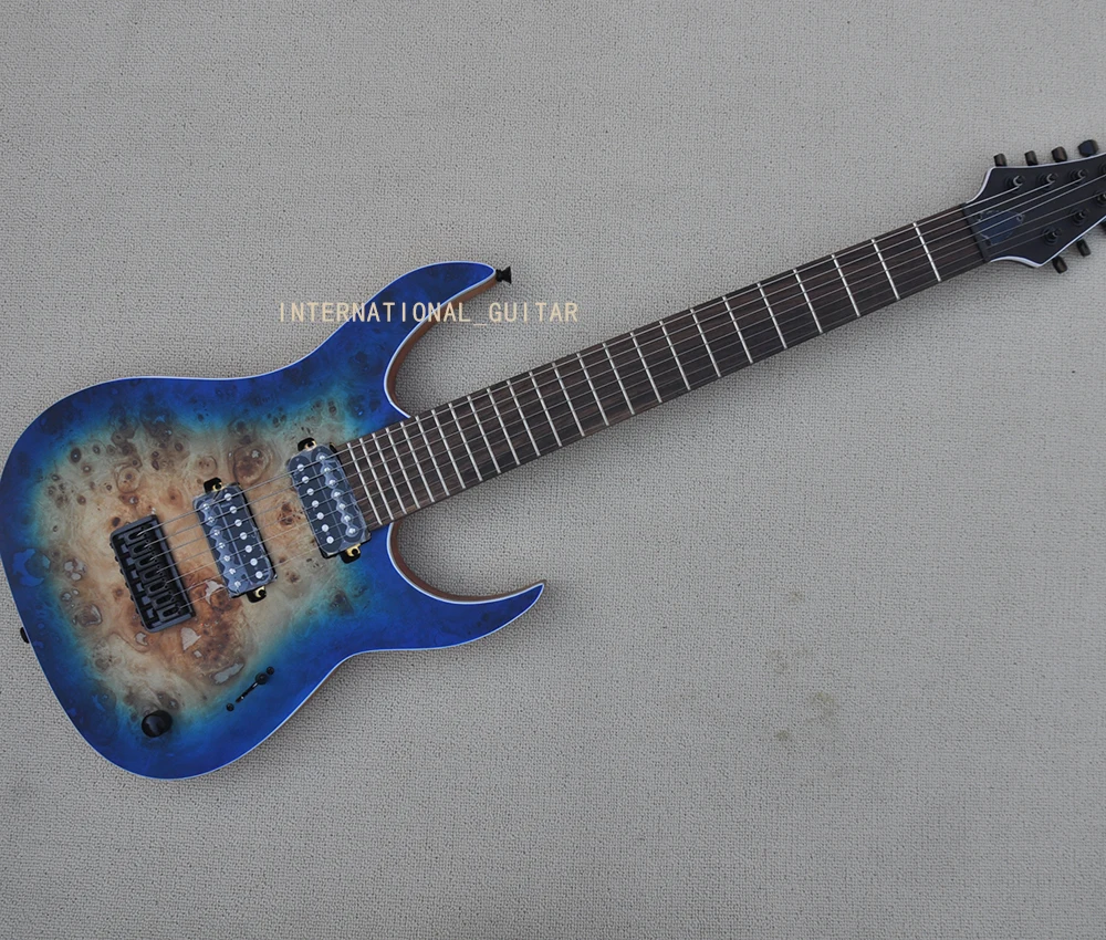 

7 Strings Transparent Blue Electric Guitar with Burl Maple Veneer,Rosewood Fretboard