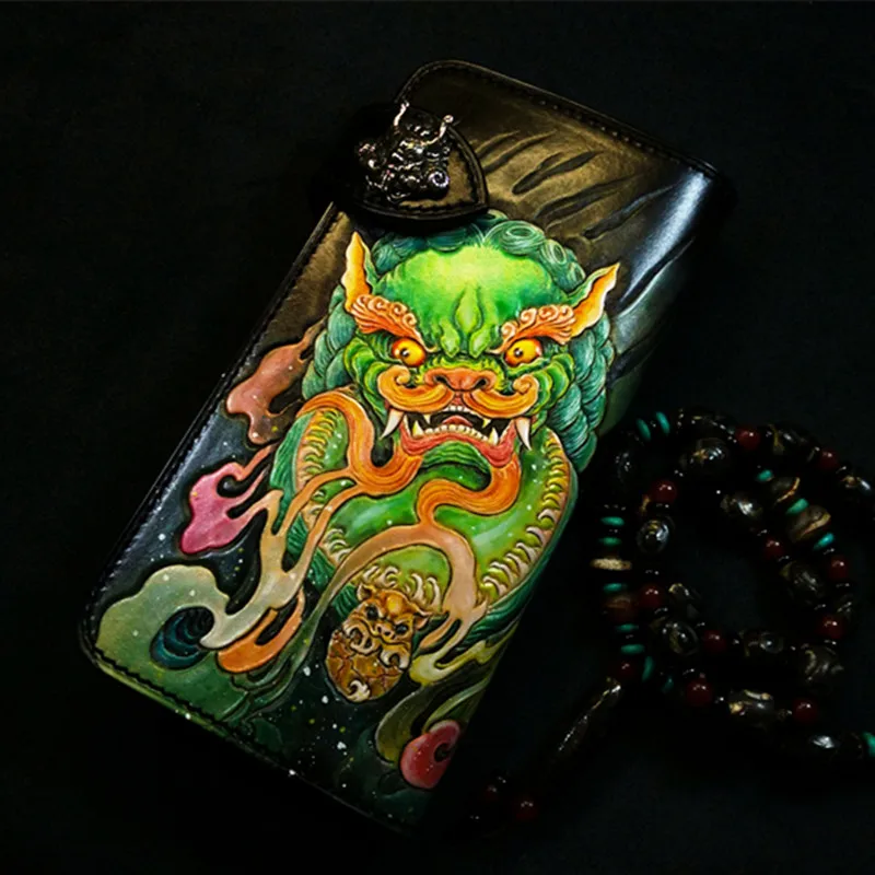 

High-end Handmade Genuine Leather Chinese Lion Wallets Purses Men Long Clutch Vegetable Tanned Leather Card Holder