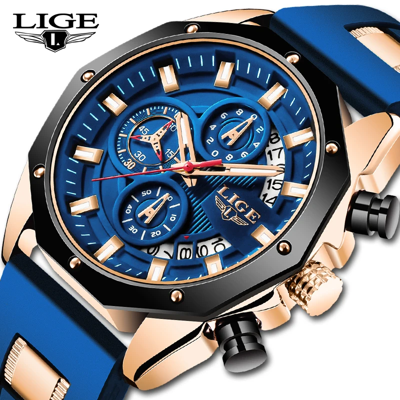 

LIGE Silicone Strap Sport Watches for Men Fashion Casual Waterproof Luminous Chronograph Luxury Quartz Man Watch Date Clocks+Box