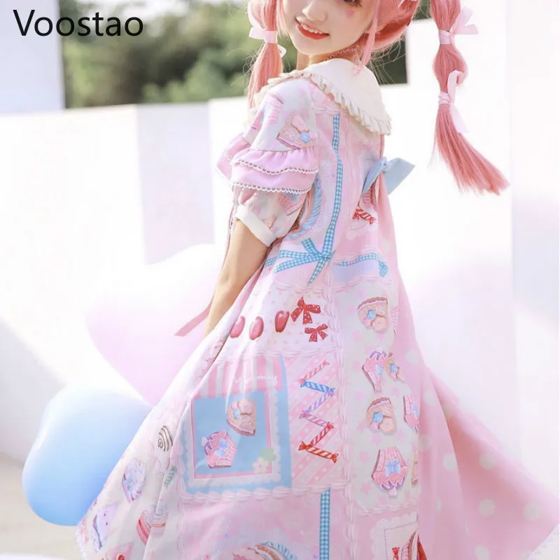 Japanese Sweet Kawaii Lolita Dress Frost Sugar Sweetheart Pink OP Dress Women Vintage Victorian Gothic Princess Tea Party Dress