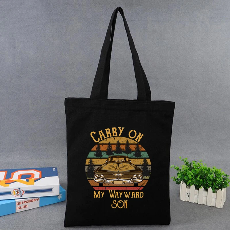 Supernatural Vintage Tote Bag Carry on My Wayward Son Dark Heather Print Reusable Shopping Bag Women  Large Folding Tote Eco Bag