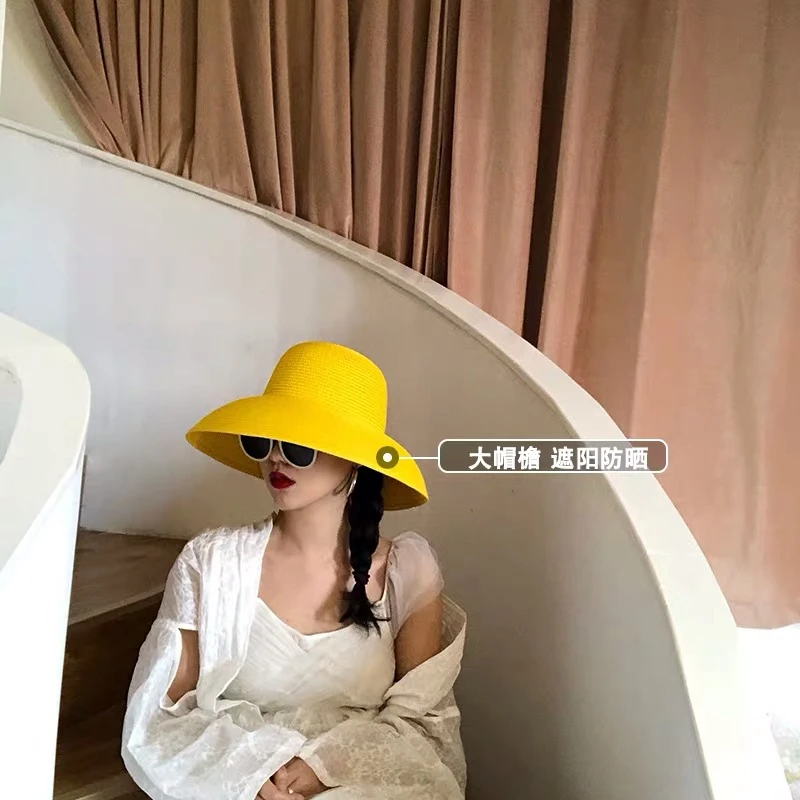 VRIGINER Hot Sale Women Yellow Straw Sun Hat Elegant Hepburn Big Wide Brim Foldable Anti-UV Beach Sun Floppy Hats Flat Caps Bob