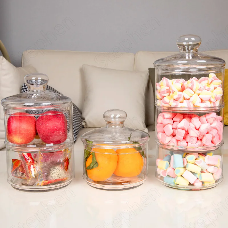 

Creative Three Layers Candy Jar Glass Nordic Modern Transparent Cereal Dispenser Coffee Table Candy Snacks Storage Jars with Lid