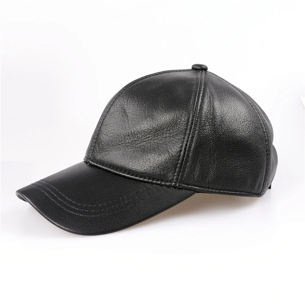 Genuine Leather Baseball Cap Men Black Cowhide Hat Snapback Male Adjustable Autumn Winter Real Leather Peaked Hats