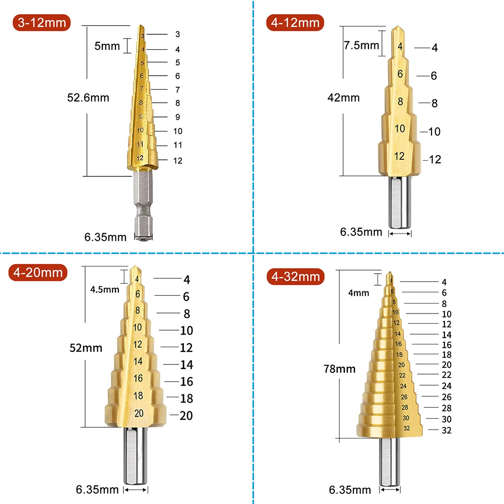 HSS Straight Groove Step Drill Bit Titanium Coated Wood Metal Hole Cutter Core Drilling Tools Set 4 Models 3-12 4-12 4-20 4-32