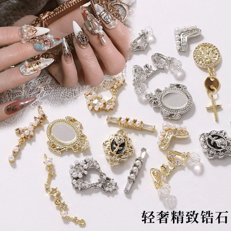 

5pcs/lot Luxury Mirror pendant 3D Nail Art Zircon Crystal Pearl metal manicure nail accessories DIY Nail Decorations Nail charms