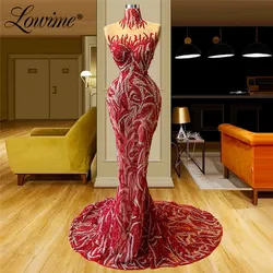 Lowime Burgundy Long Beads Evening Dresses 2021 New Arrival Dubai High Neck Illusion Mermaid Party Gowns Celebrity Dresses Prom