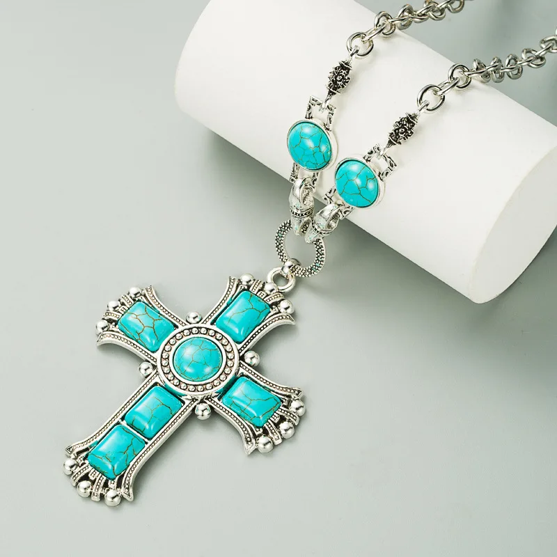 

Black Green Stone Big Cross Pendant Necklace For Women Simple Jewelry