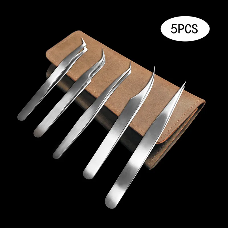 5 Pieces Set Eyelash Tweezer Bright Tweezers Lashes Extension Tweezer Stainless Steel Lash Clip Anti-static Eye Lash Tool Quewel