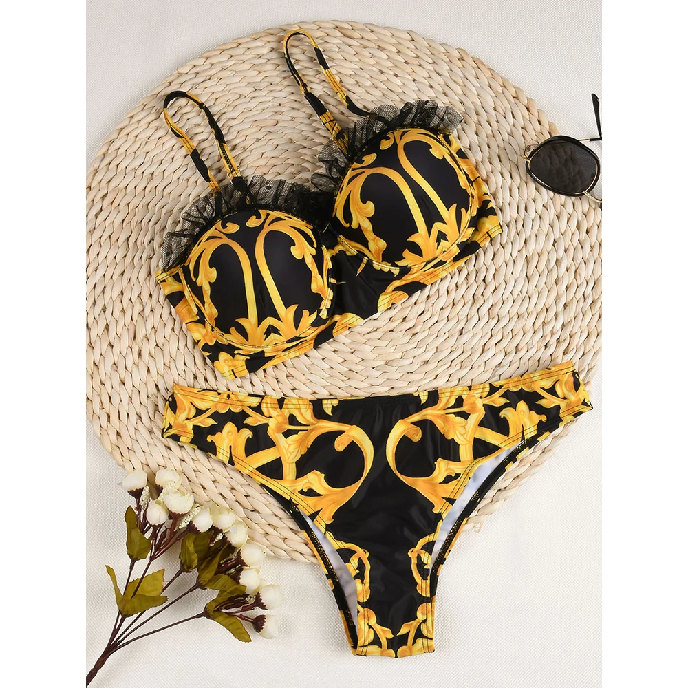 ZAFILLE Lace Vintage Bathing Suit Elegant Swimwear High Waist Swimsuit Hard Cup Bikini Set 2021 Two-Piece Swimsuits Push Up