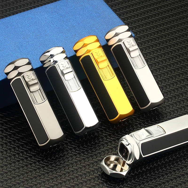 Newest Four Straight Fire Lighter The Blue Flame Firepower Fierce Gas Lighter Metal Windproof Point Cigar Gadgets For Men Gift