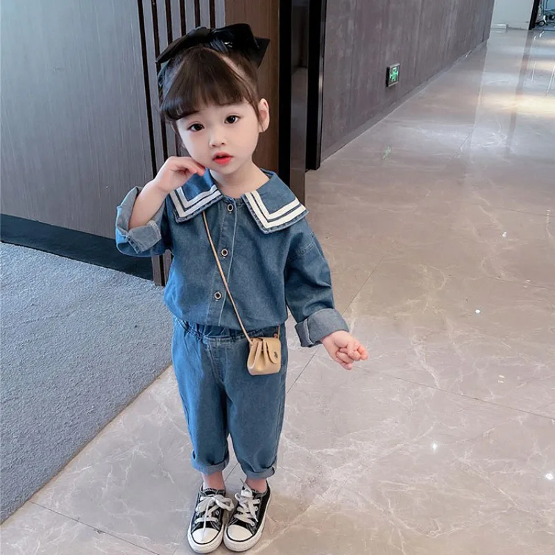 Autumn Girls\' Denim Clothing Sets Navy Long Sleeved Large Lapel Long Sleeve + Trousers Casual Baby Kids Children Clothes Suit