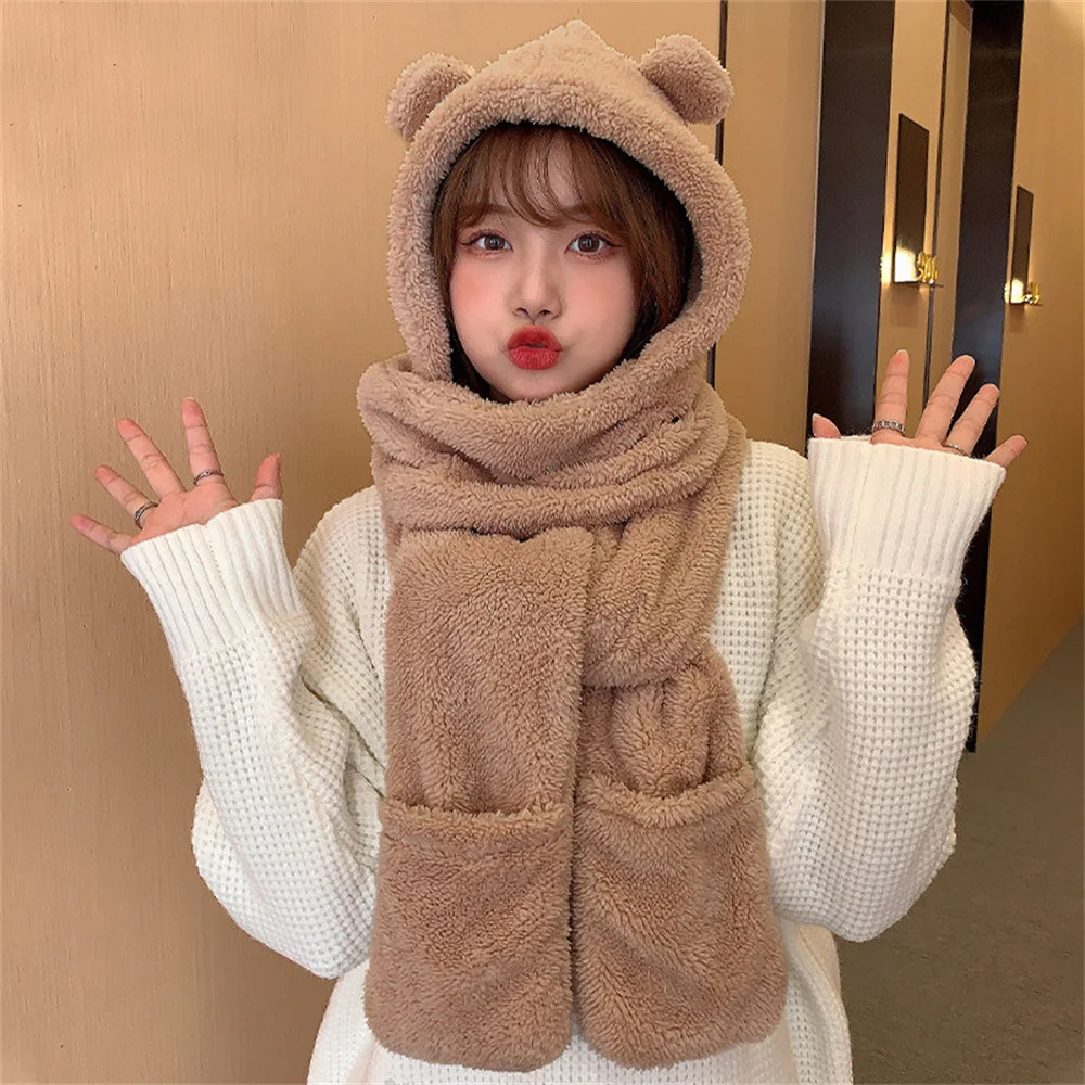 Neue Nette Bär Ohr Hut Schal Handschuhe Set Winter Frauen Beanies Caps Warme Casual Plüsch Hüte Casual Solide Fleece Mädchen kawaii Präsentieren