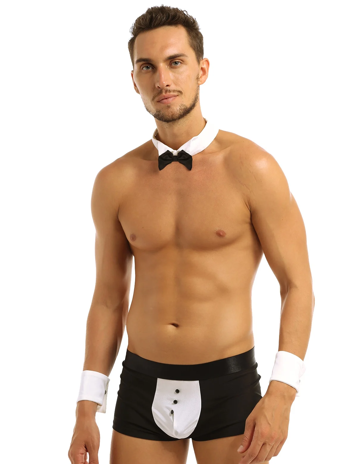 3Pcs Mens Waiter Tuxedo Lingerie Suit Gay Boxer Briefs Underwear with Bow Tie Collar And Bracelets Halloween Role Play Costume