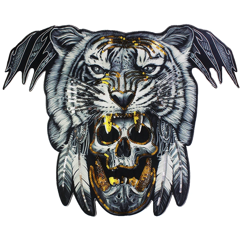 2pcs Super Big Large Size Embroidery Sequined Applique Tiger Skull Patches Cool Wolf Sewing on Patches for Clothing DIY Badge