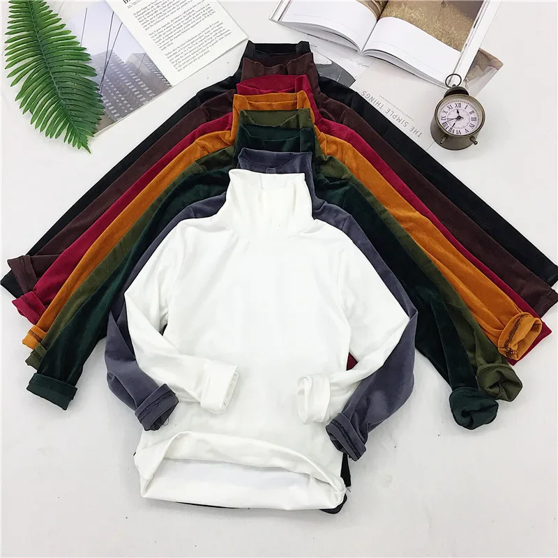 Women 2020 Fall and Winter Solid Turtleneck Thermal Velvet Bottoming Shirt Long Sleeve Pullover Warm T-Shirt mujer