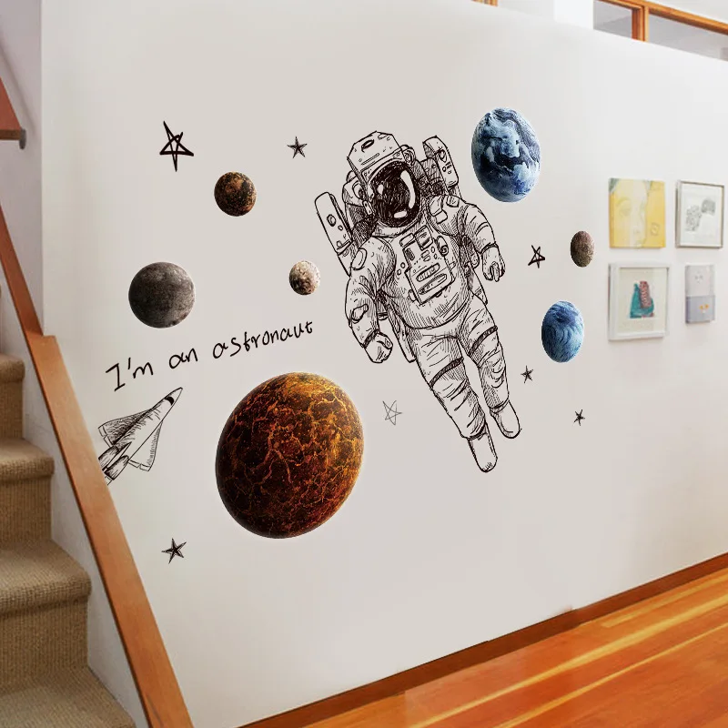 modern Art planet astronaut in space wall stickers children\'s room boy bedroom wall decoration self-adhesive wallpaper decals