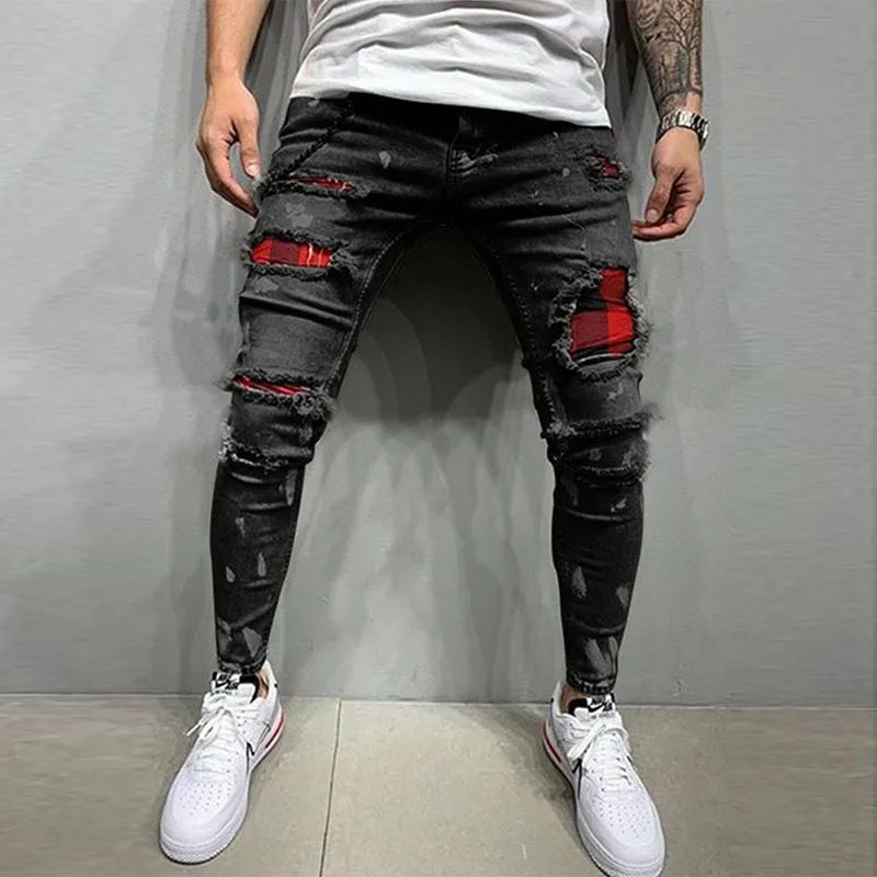 New Men\'s Skinny Ripped Jeans Fashion Grid Beggar Patches Slim Fit Stretch Casual Denim Pencil Pants Painting Jogging Trousers