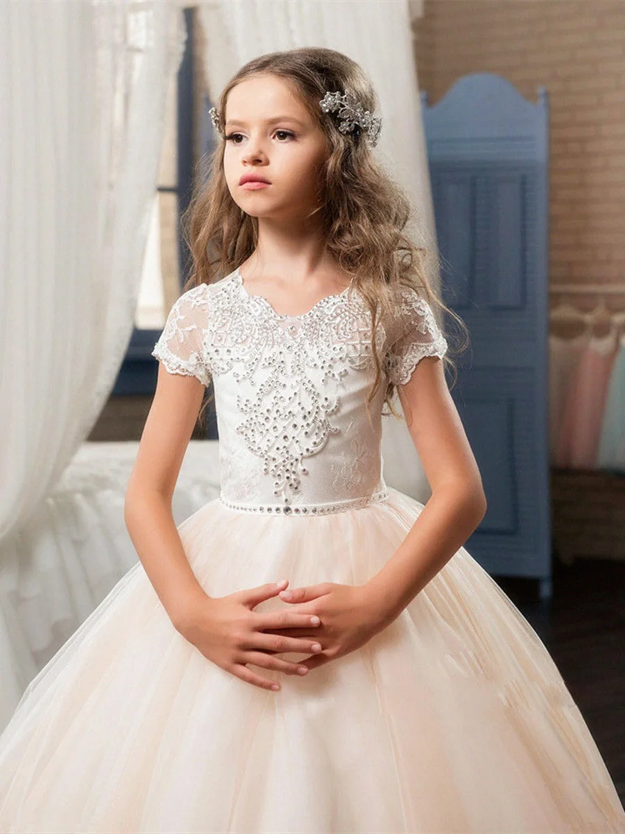 Champagne Tulle Bloem Meisje Jurken Voor Wedding Korte Mouw Junior Bruidsmeisje Kids Birthday Party Princess Gown Eerste Communie